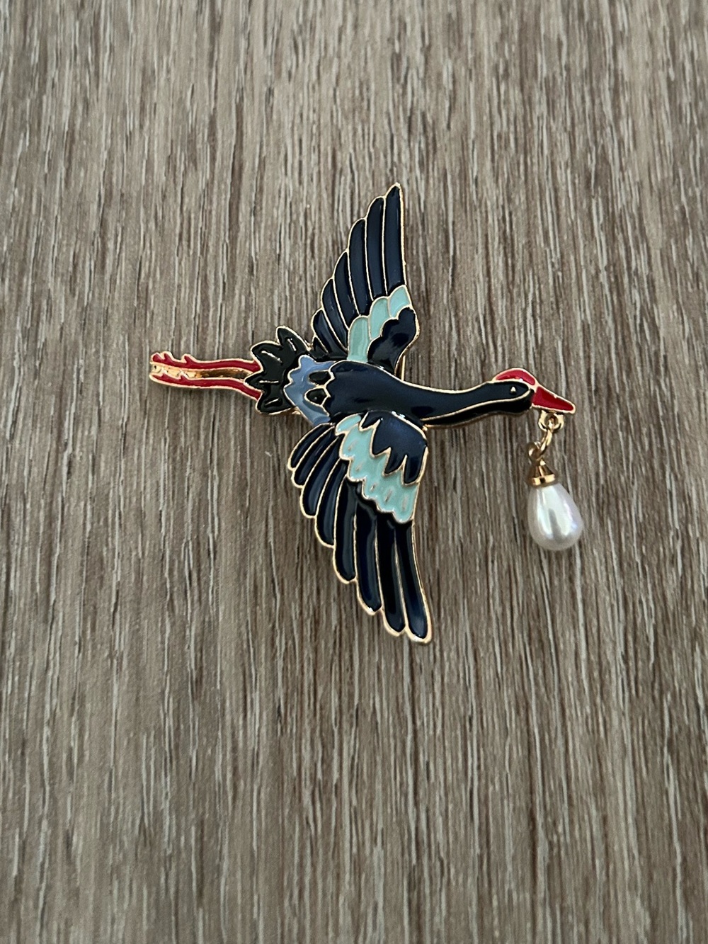 Black and Teal Crane Bird Brooch with Pearl Accent
